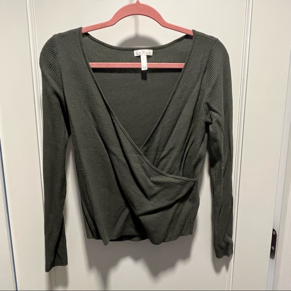 Ribbed green crop wrap sweater